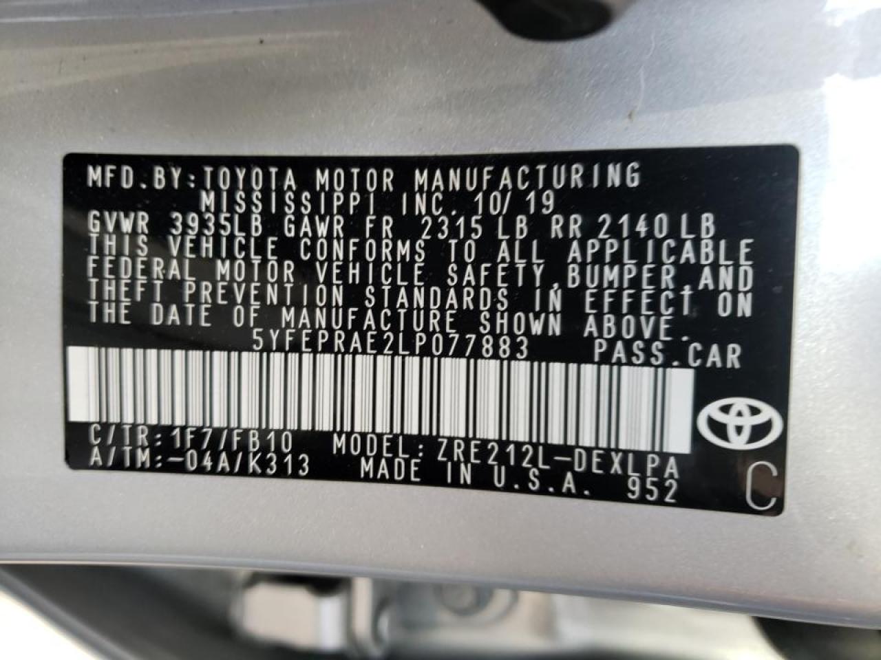 Photo 10 from auction – 2020 TOYOTA COROLLA LE with VIN 5YFEPRAE2LP077883