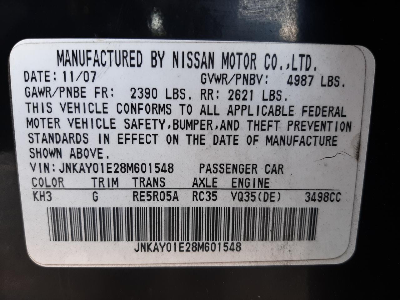 Photo 10 from auction – 2008 INFINITI M35 BASE with VIN JNKAY01E28M601548