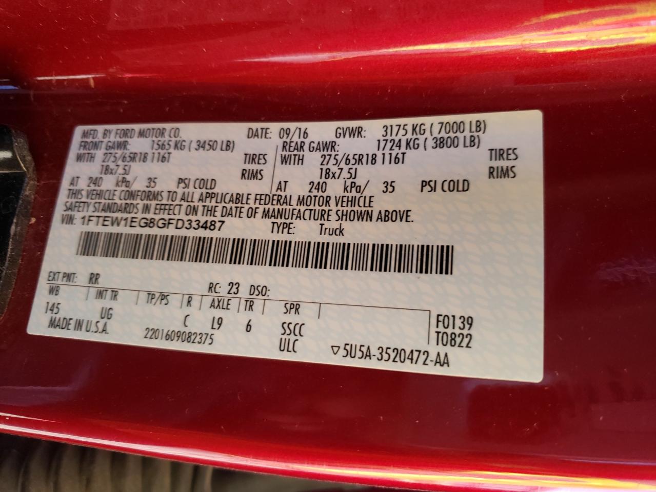 Photo 10 from auction – 2016 FORD F150 SUPER with VIN 1FTEW1EG8GFD33487