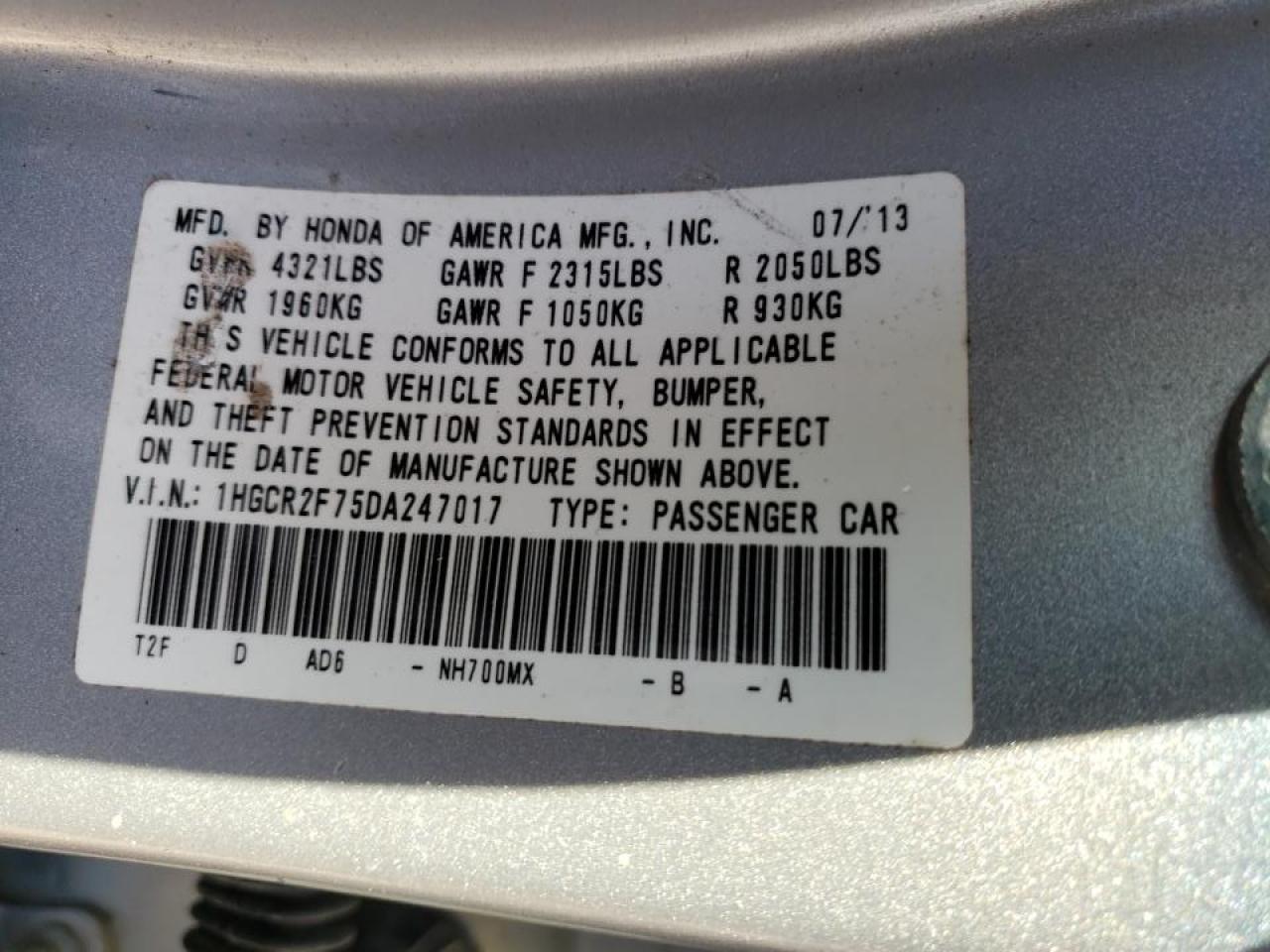 Photo 10 from auction – 2013 HONDA ACCORD EX with VIN 1HGCR2F75DA247017