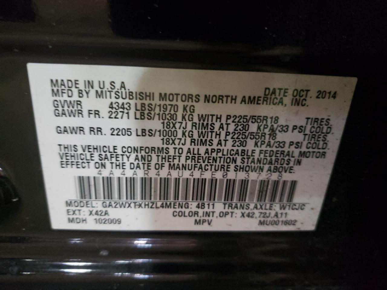 Photo 10 from auction – 2015 MITSUBISHI OUTLANDER with VIN 4A4AR4AU4FE013728