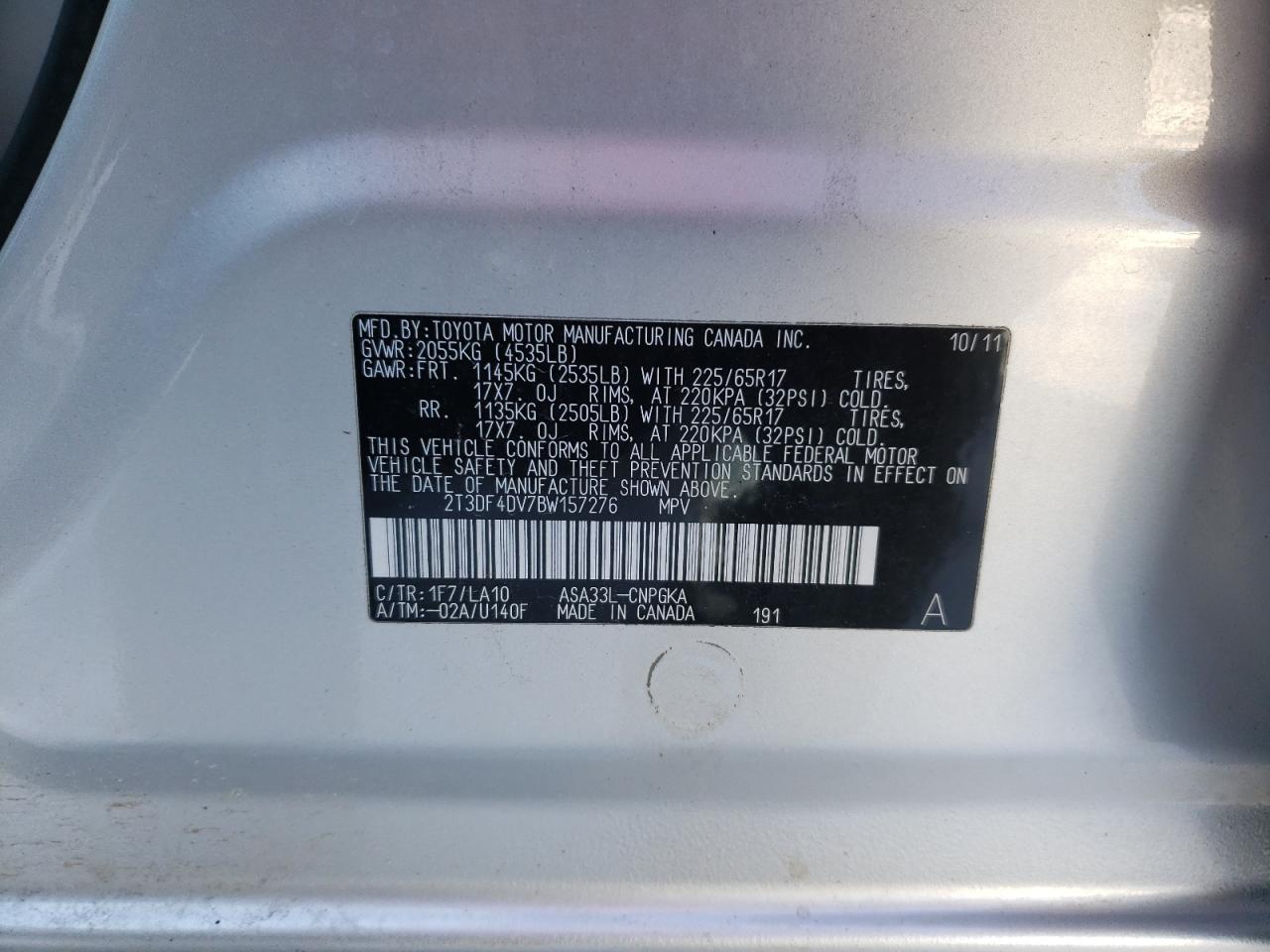 Photo 10 from auction – 2011 TOYOTA RAV4 LIMIT with VIN 2T3DF4DV7BW157276