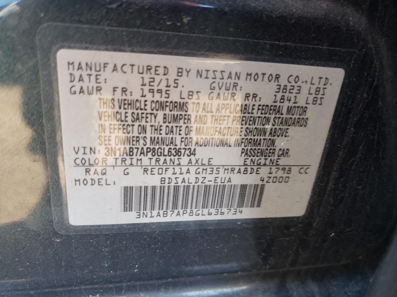 Photo 10 from auction – 2016 NISSAN SENTRA S with VIN 3N1AB7AP8GL636734