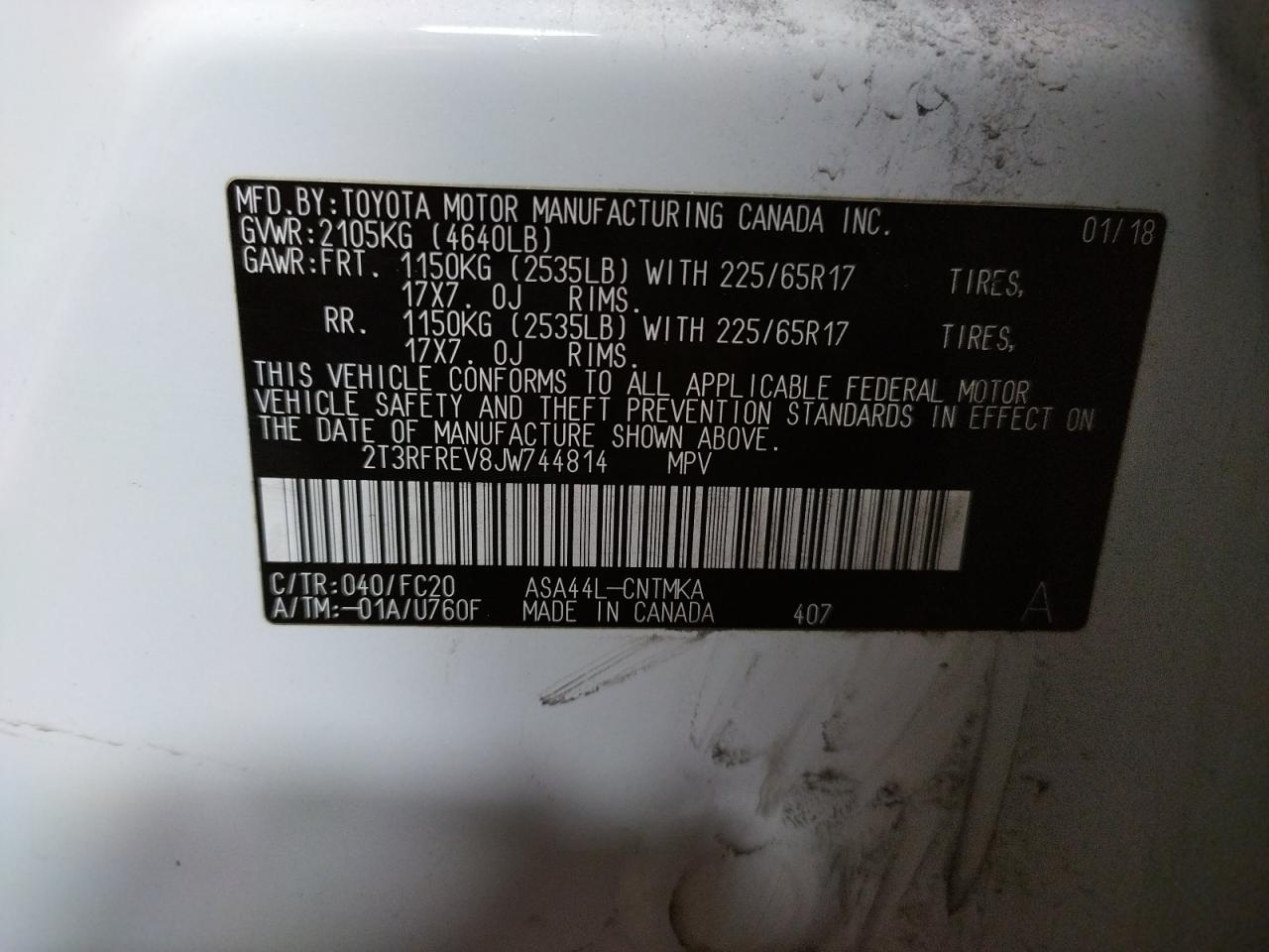 Photo 10 from auction – 2018 TOYOTA RAV4 ADVEN with VIN 2T3RFREV8JW744814