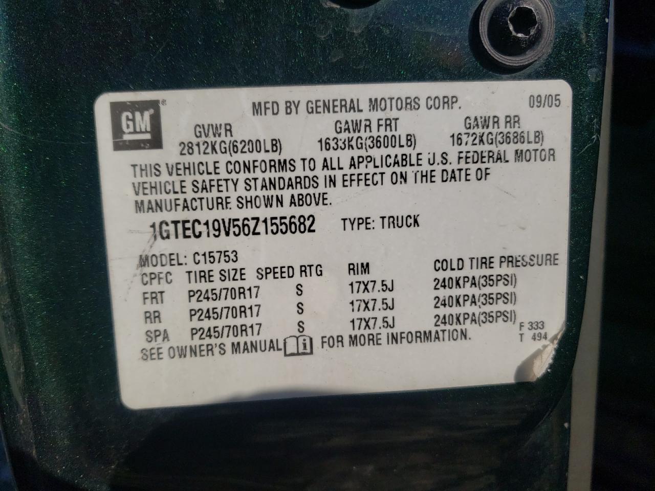 Photo 10 from auction – 2006 GMC SIERRA 150 with VIN 1GTEC19V56Z155682