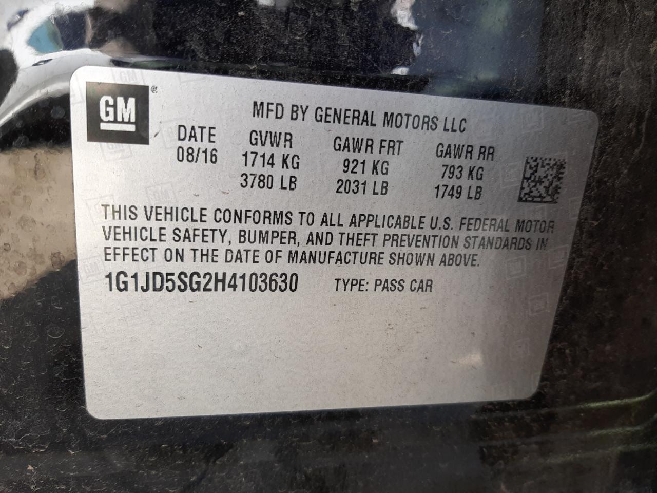 Photo 10 from auction – 2017 CHEVROLET SONIC LT with VIN 1G1JD5SG2H4103630
