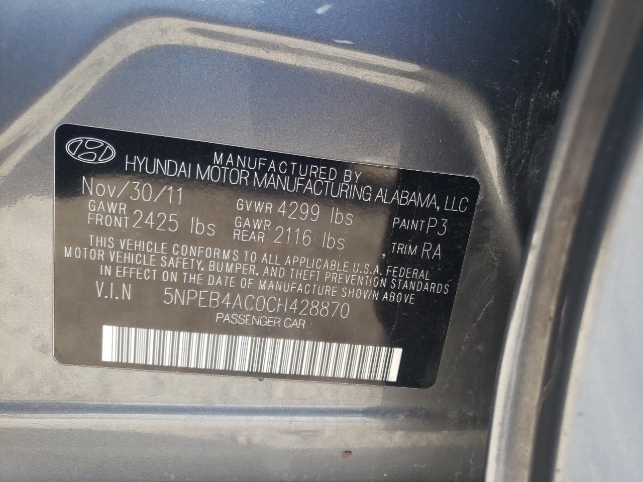 Photo 10 from auction – 2012 HYUNDAI SONATA GLS with VIN 5NPEB4AC0CH428870