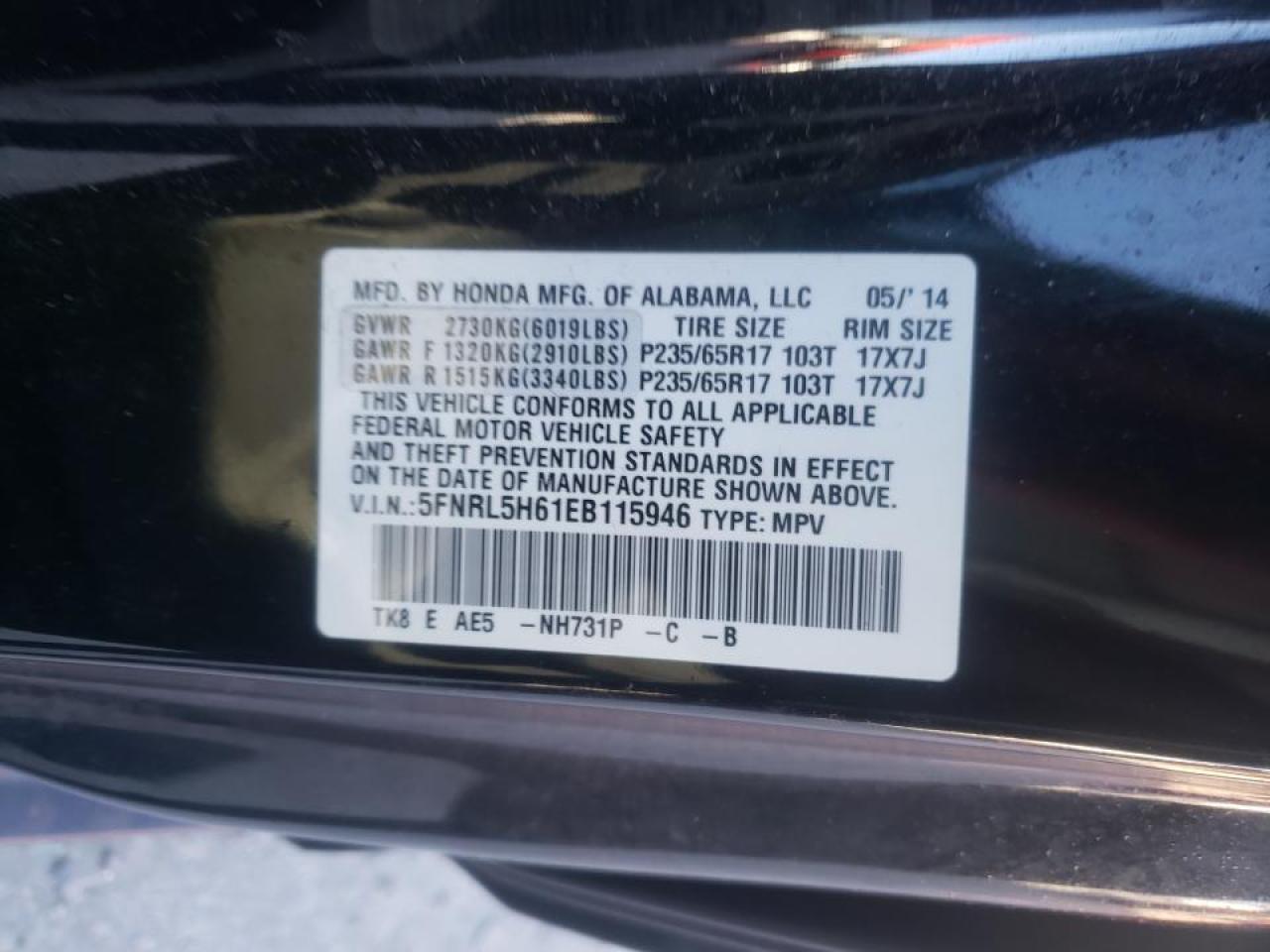 Photo 10 from auction – 2014 HONDA ODYSSEY with VIN 5FNRL5H61EB115946