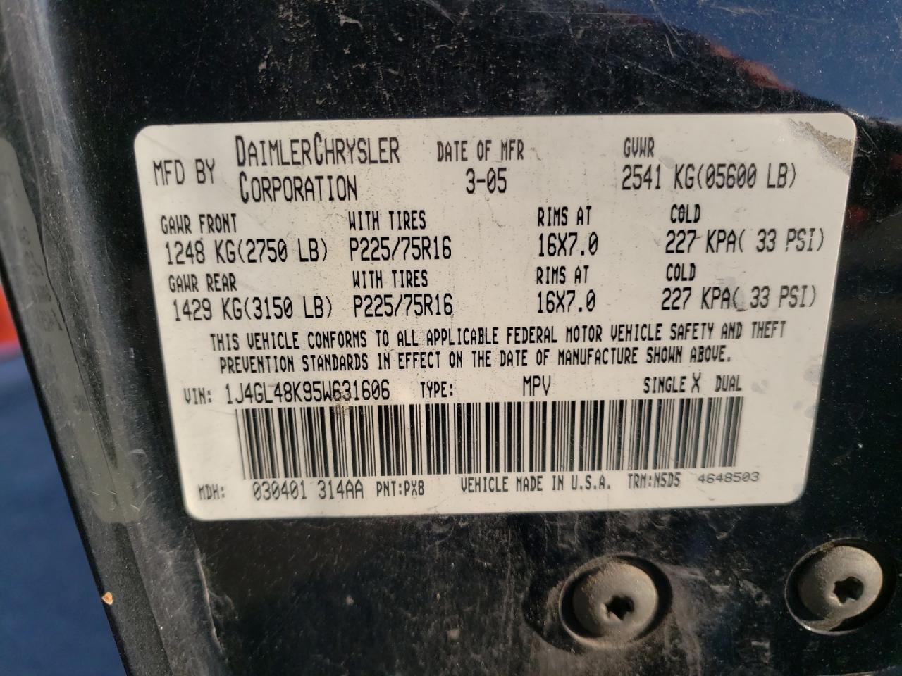 Photo 10 from auction – 2005 JEEP LIBERTY SP with VIN 1J4GL48K95W631606