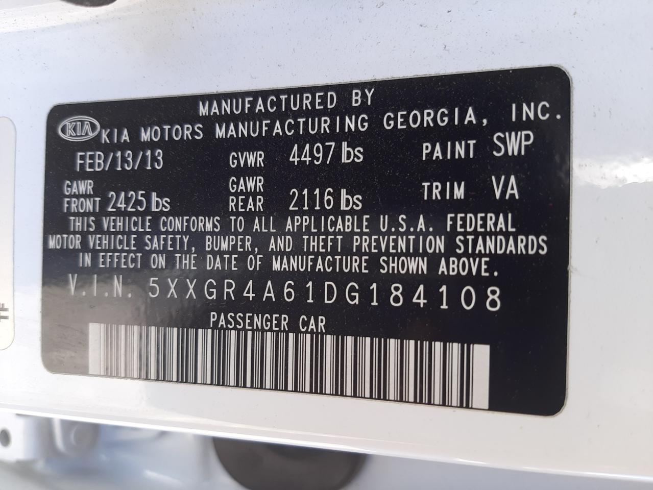 Photo 10 from auction – 2013 KIA OPTIMA SX with VIN 5XXGR4A61DG184108