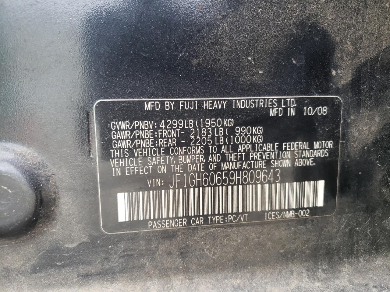 Photo 10 from auction – 2009 SUBARU IMPREZA 2. with VIN JF1GH60659H809643