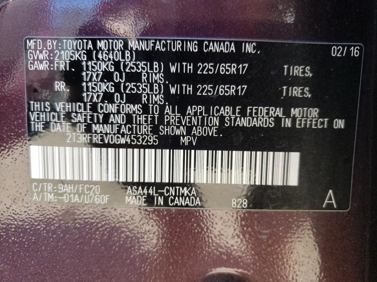 Photo 10 from auction – 2016 TOYOTA RAV4 XLE with VIN 2T3RFREV0GW453295