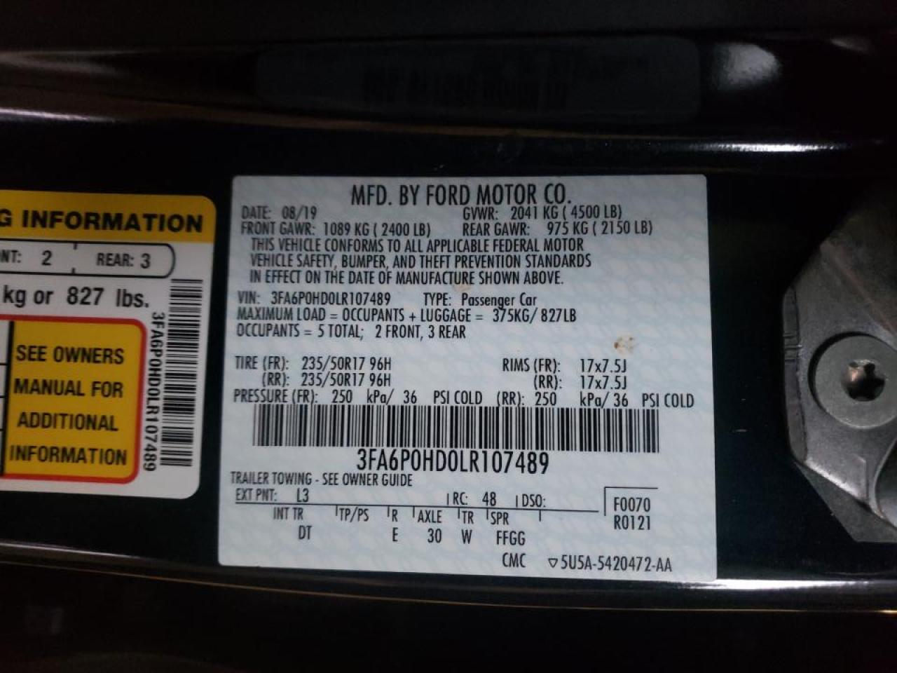 Photo 10 from auction – 2020 FORD FUSION SE with VIN 3FA6P0HD0LR107489