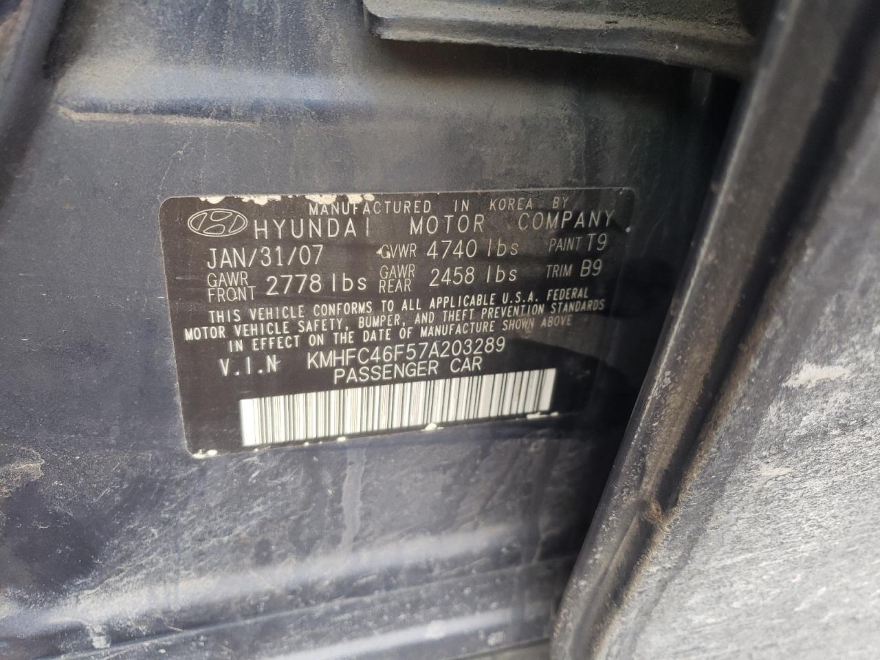 Photo 10 from auction – 2007 HYUNDAI AZERA SE with VIN KMHFC46F57A203289