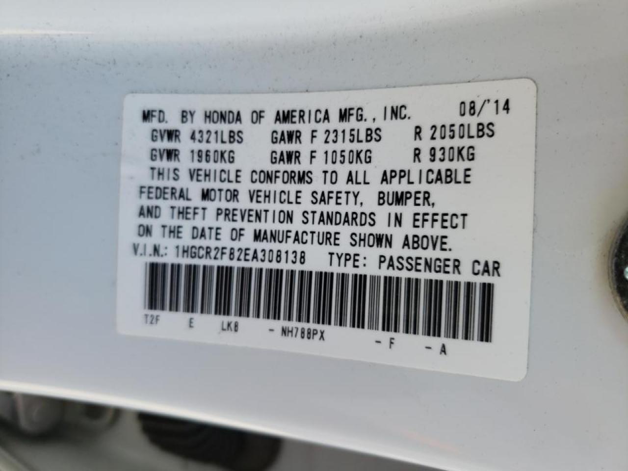 Photo 10 from auction – 2014 HONDA ACCORD EXL with VIN 1HGCR2F82EA308138