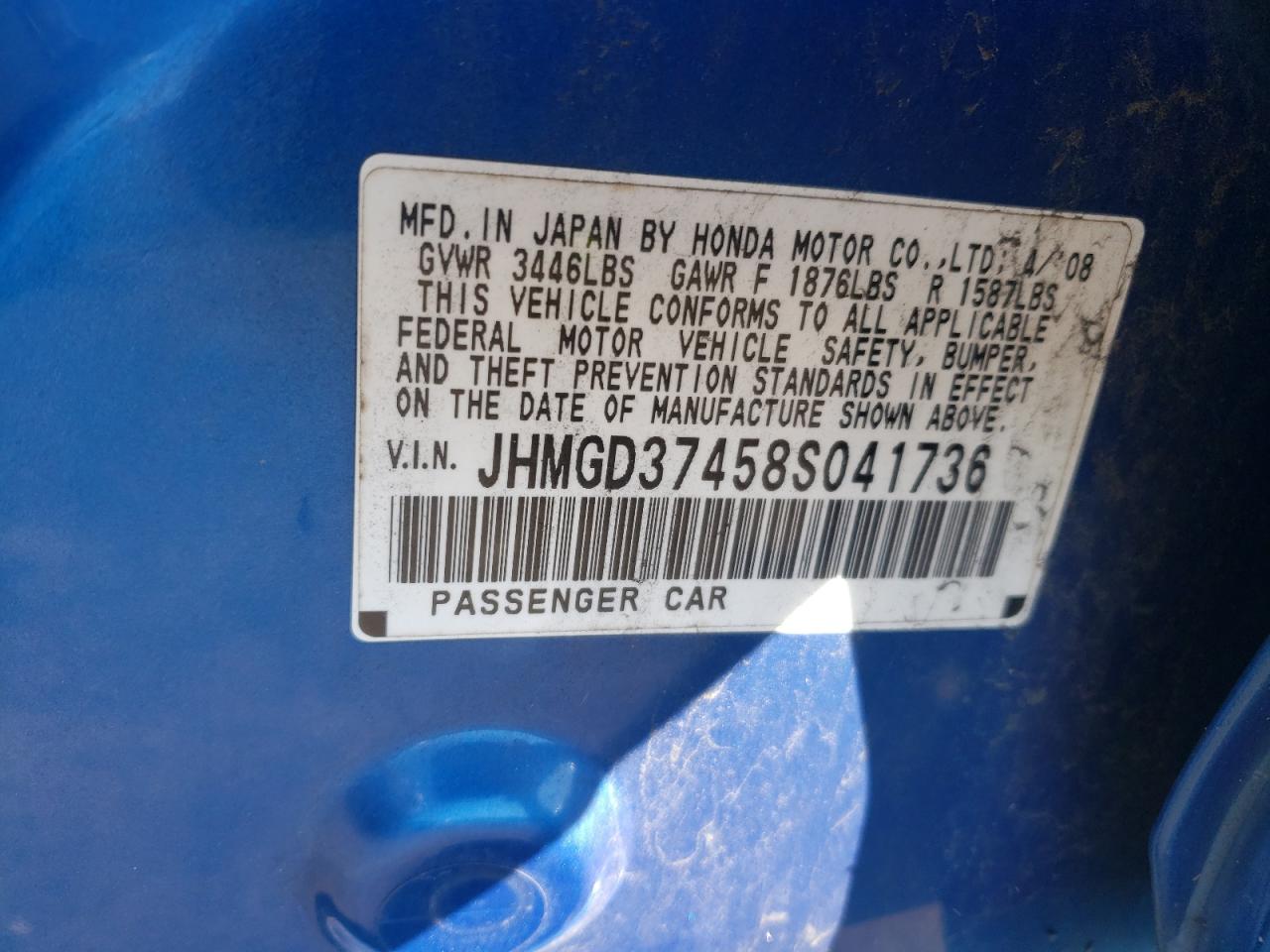 Photo 10 from auction – 2008 HONDA FIT with VIN JHMGD37458S041736