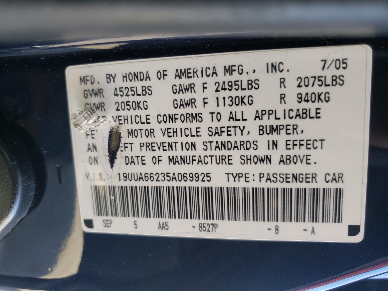Photo 10 from auction – 2005 ACURA TL with VIN 19UUA66235A069925