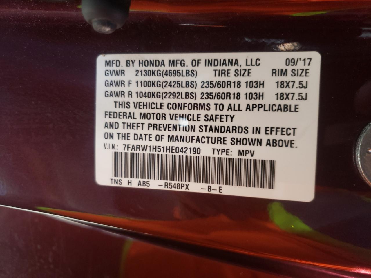 Photo 10 from auction – 2017 HONDA CR-V EX with VIN 7FARW1H51HE042190