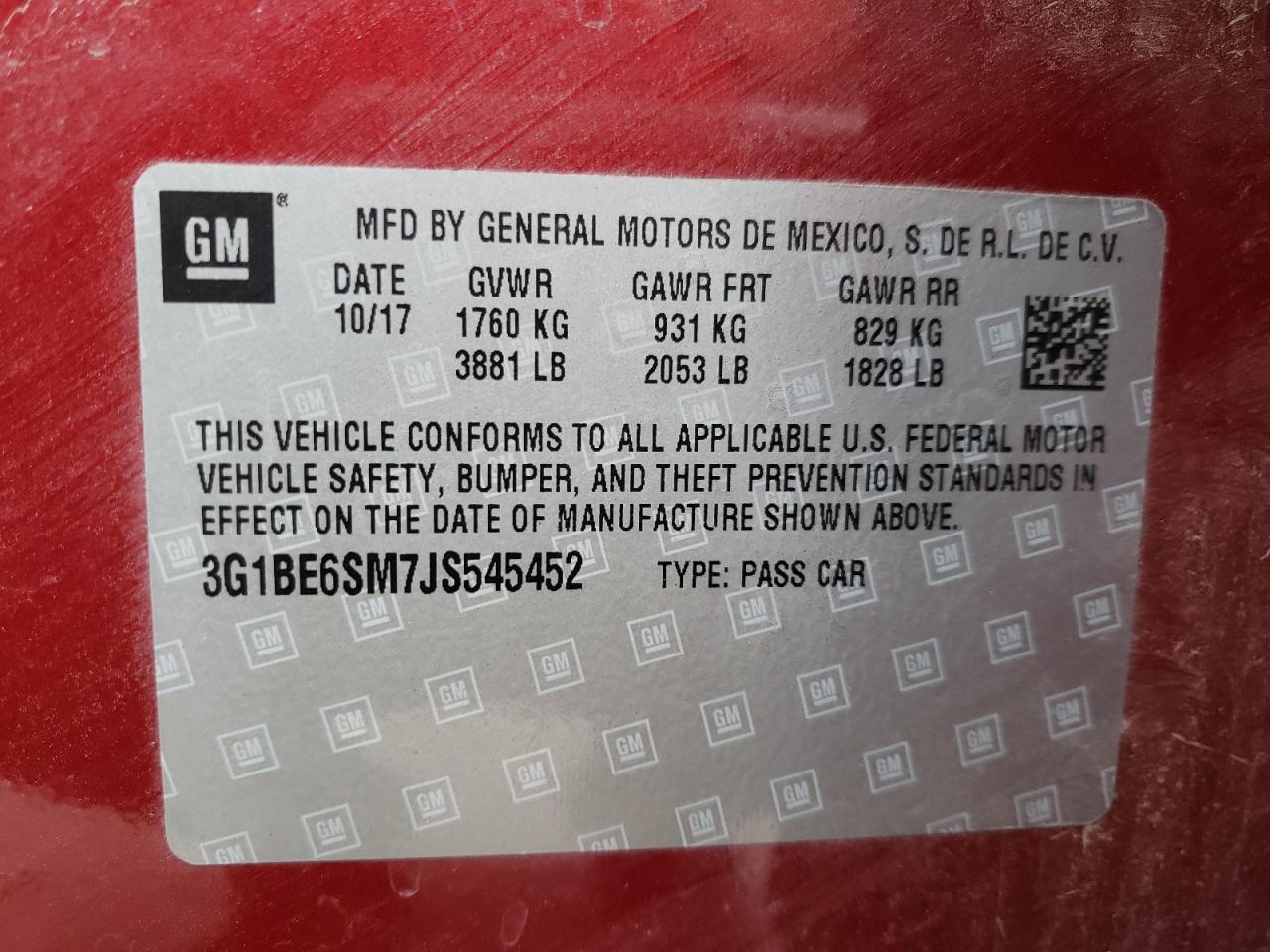 Photo 10 from auction – 2018 CHEVROLET CRUZE LT with VIN 3G1BE6SM7JS545452