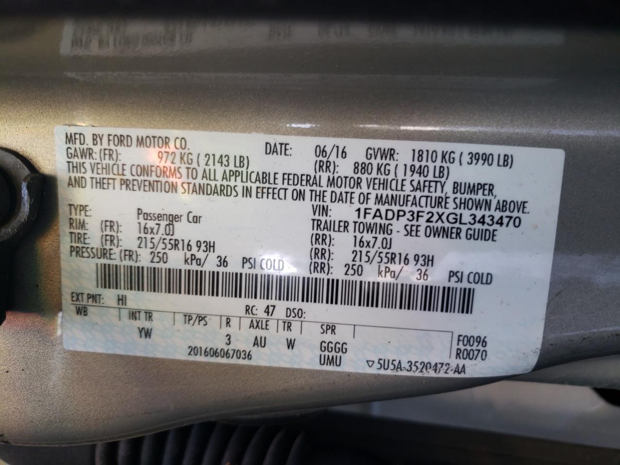 Photo 10 from auction – 2016 FORD FOCUS SE with VIN 1FADP3F2XGL343470