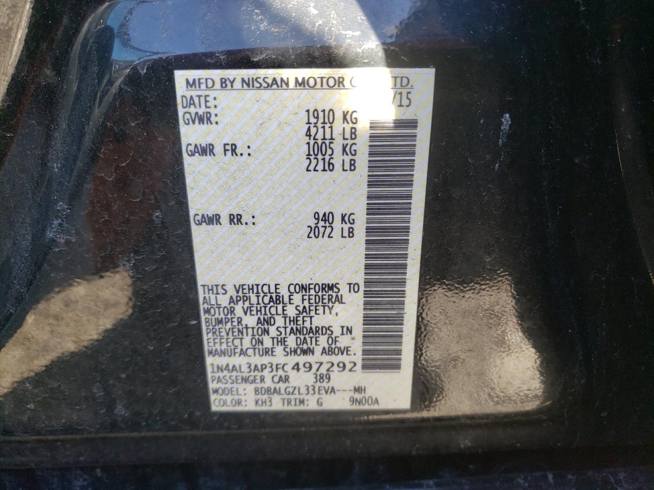 Photo 10 from auction – 2015 NISSAN ALTIMA 2.5 with VIN 1N4AL3AP3FC497292