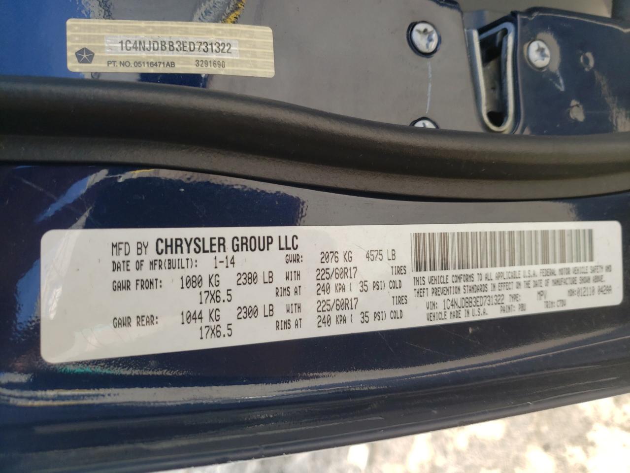 Photo 10 from auction – 2014 JEEP COMPASS SP with VIN 1C4NJDBB3ED731322