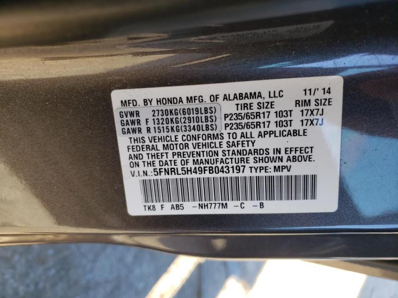 Photo 10 from auction – 2015 HONDA ODYSSEY EX with VIN 5FNRL5H49FB043197