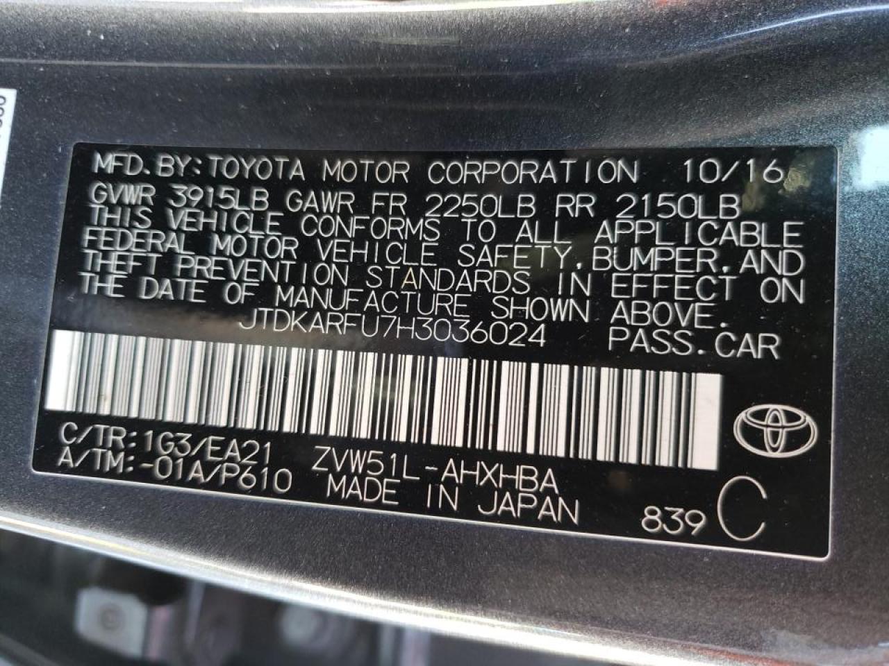 Photo 10 from auction – 2017 TOYOTA PRIUS with VIN JTDKARFU7H3036024