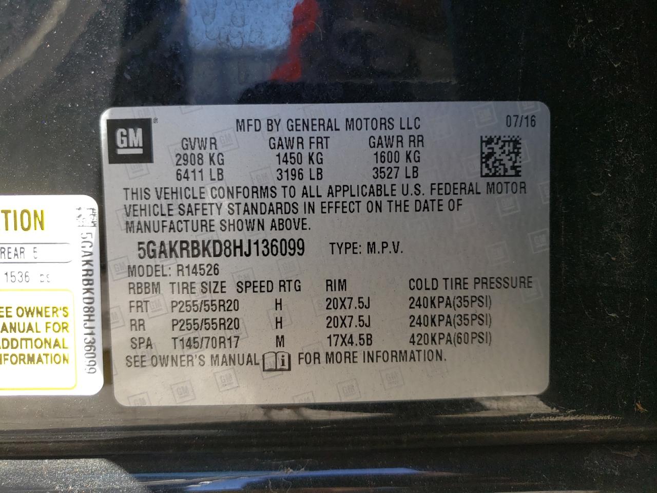 Photo 10 from auction – 2017 BUICK ENCLAVE with VIN 5GAKRBKD8HJ136099
