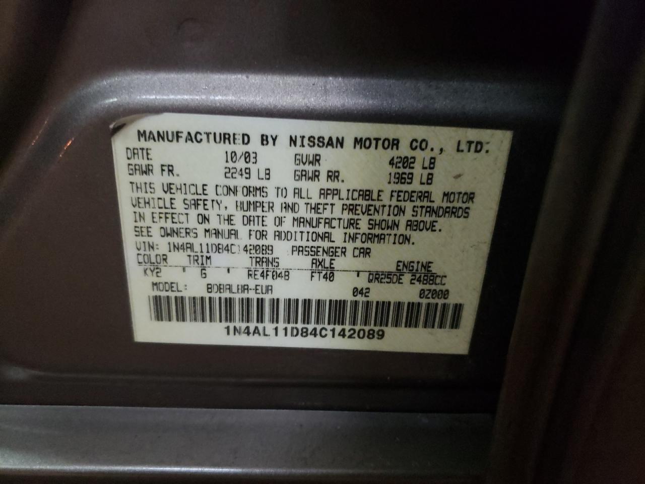 Photo 10 from auction – 2004 NISSAN ALTIMA BAS with VIN 1N4AL11D84C142089