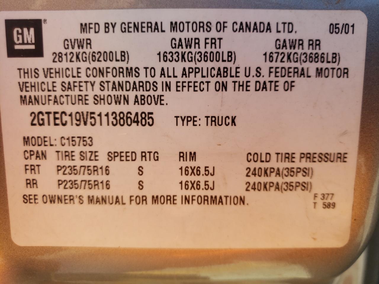 Photo 10 from auction – 2001 GMC SIERRA with VIN 2GTEC19V511386485