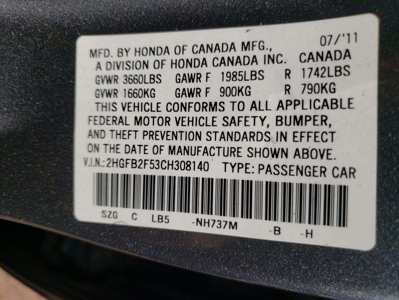 Photo 10 from auction – 2012 HONDA CIVIC LX with VIN 2HGFB2F53CH308140