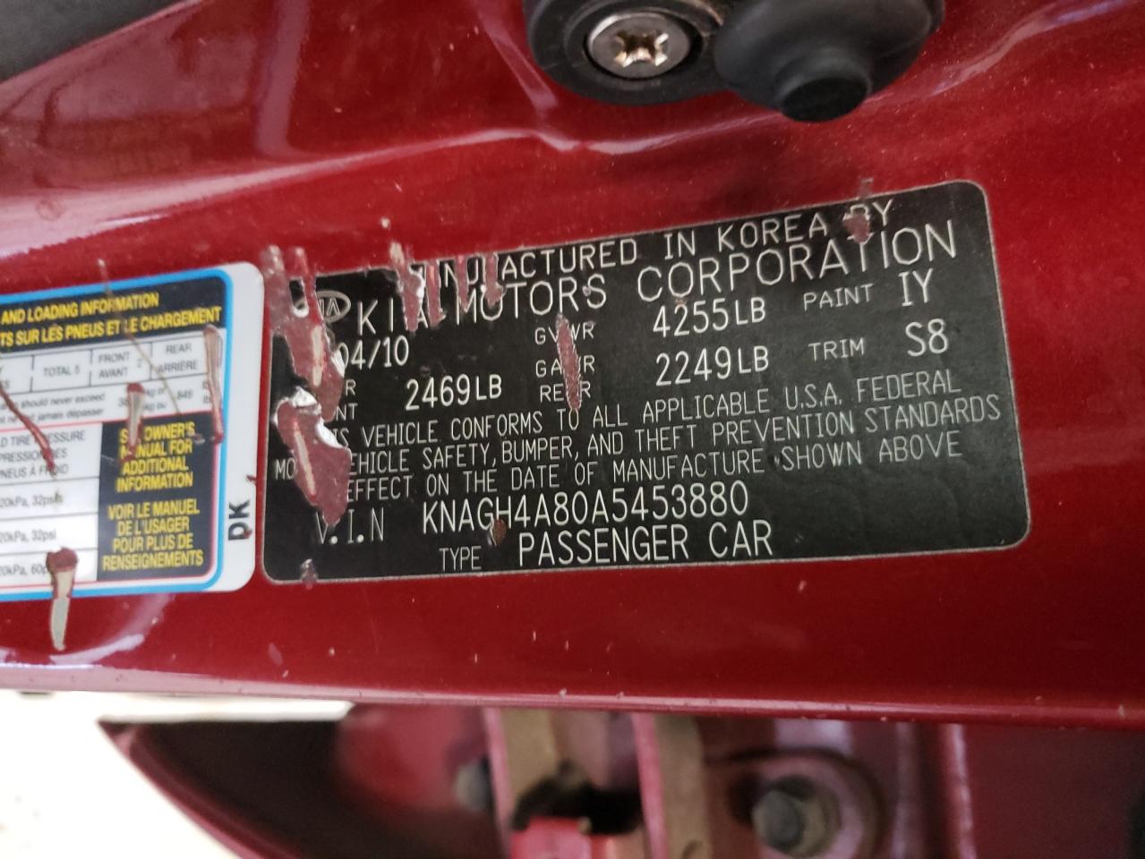 Photo 10 from auction – 2010 KIA OPTIMA EX with VIN KNAGH4A80A5453880