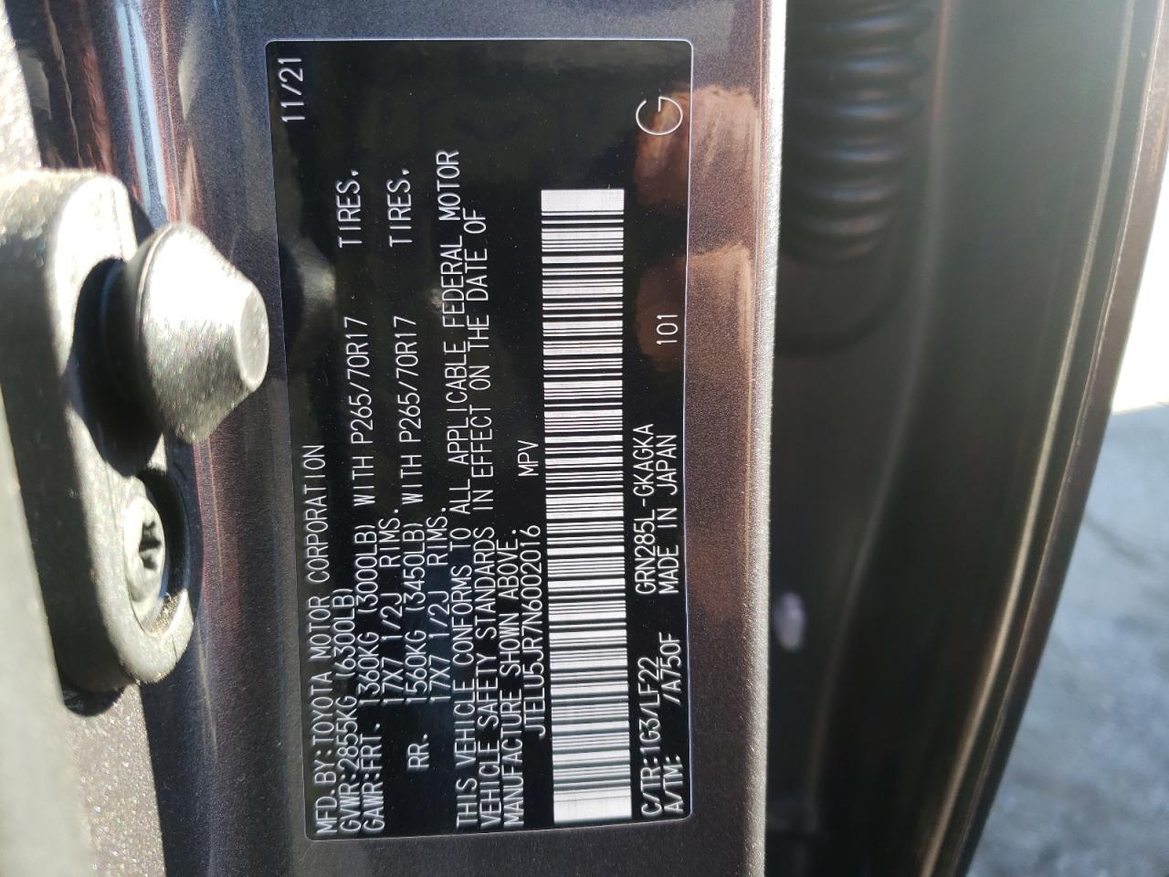 Photo 10 from auction – 2022 TOYOTA 4RUNNER SR with VIN JTELU5JR7N6002016