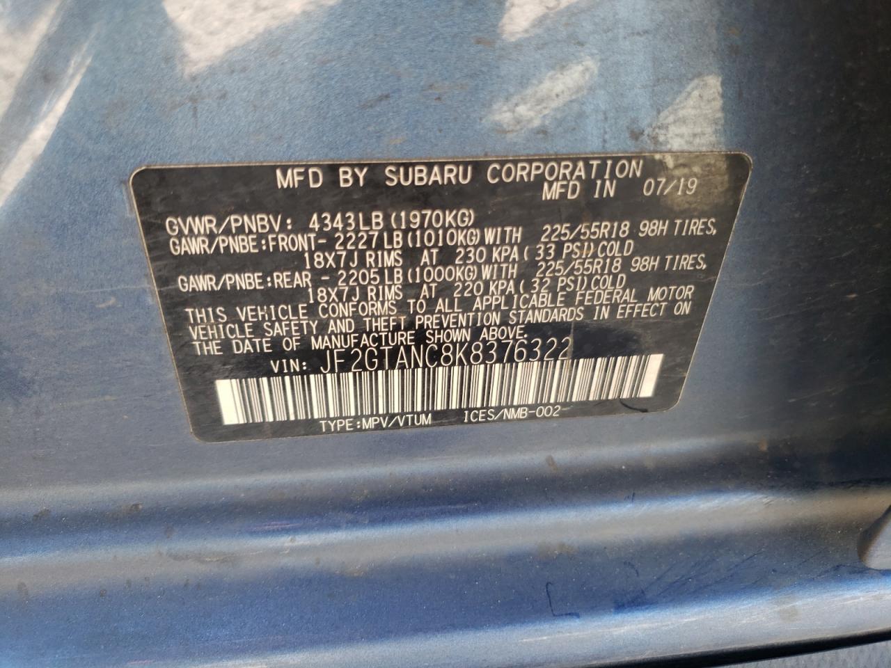 Photo 10 from auction – 2019 SUBARU CROSSTREK with VIN JF2GTANC8K8376322