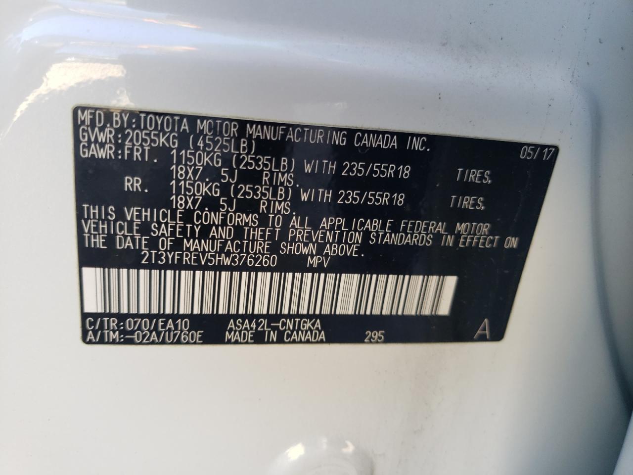 Photo 10 from auction – 2017 TOYOTA RAV4 LIMIT with VIN 2T3YFREV5HW376260