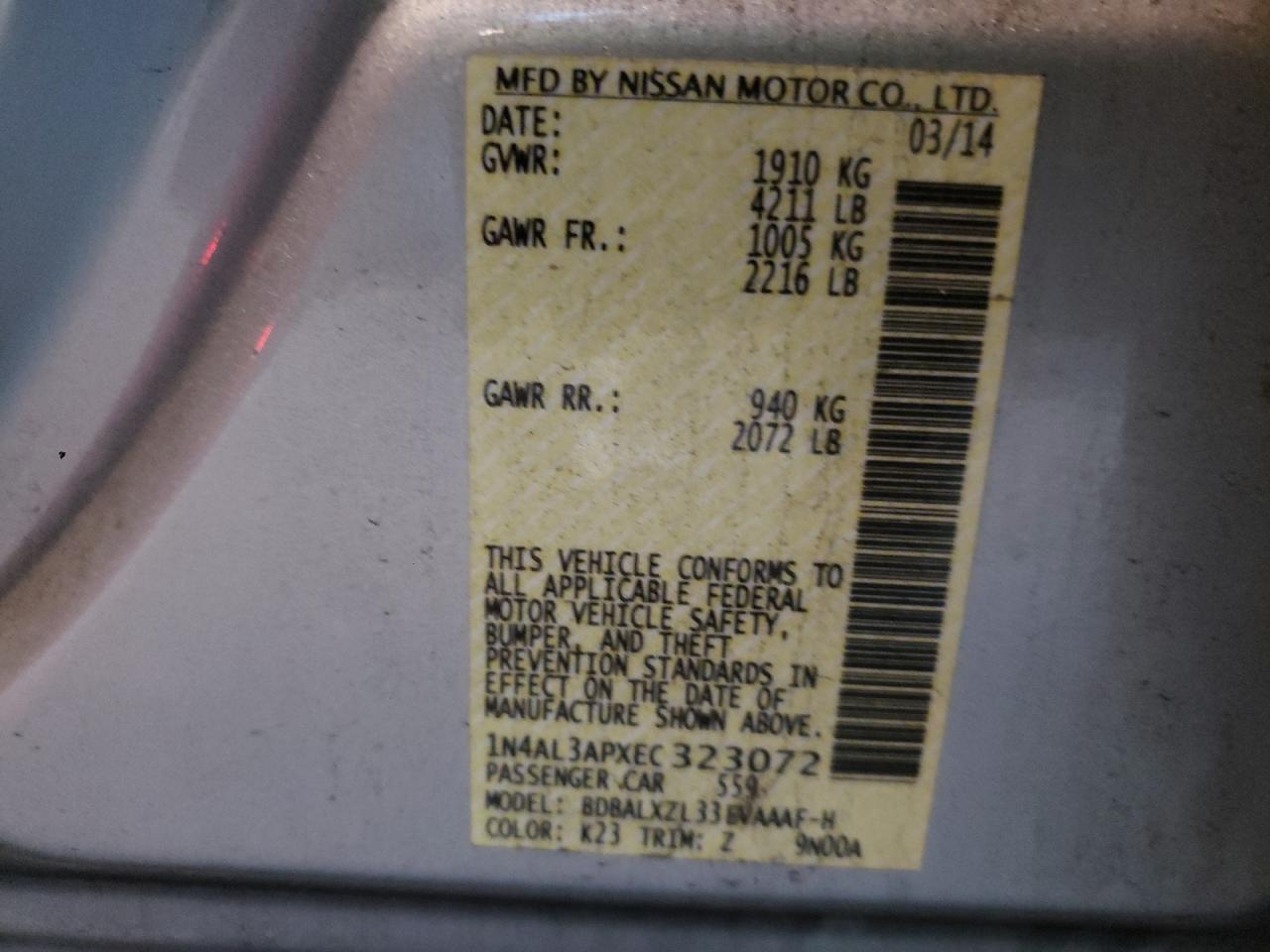 Photo 10 from auction – 2014 NISSAN ALTIMA with VIN 1N4AL3APXEC323072