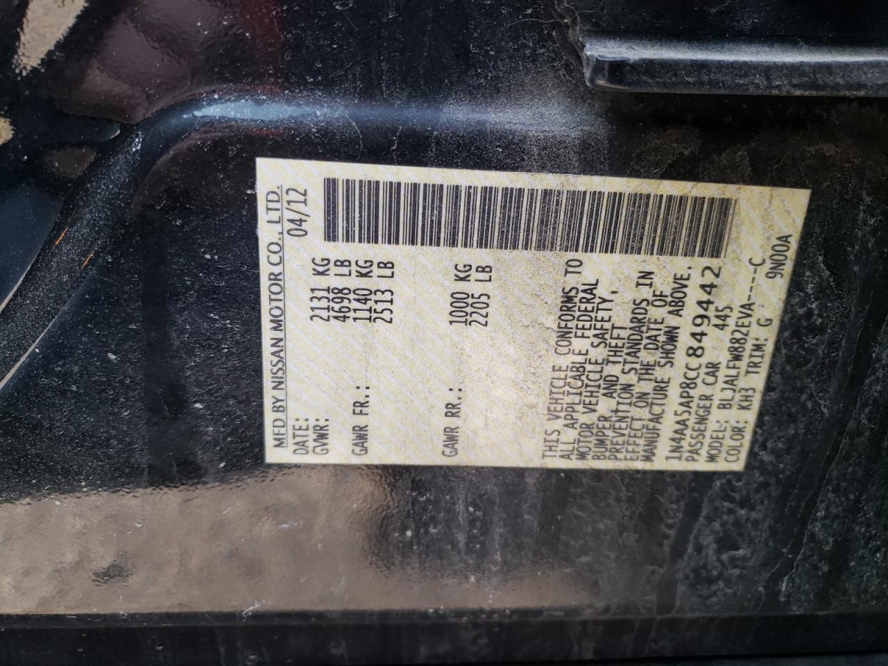Photo 10 from auction – 2012 NISSAN MAXIMA S with VIN 1N4AA5AP8CC849442