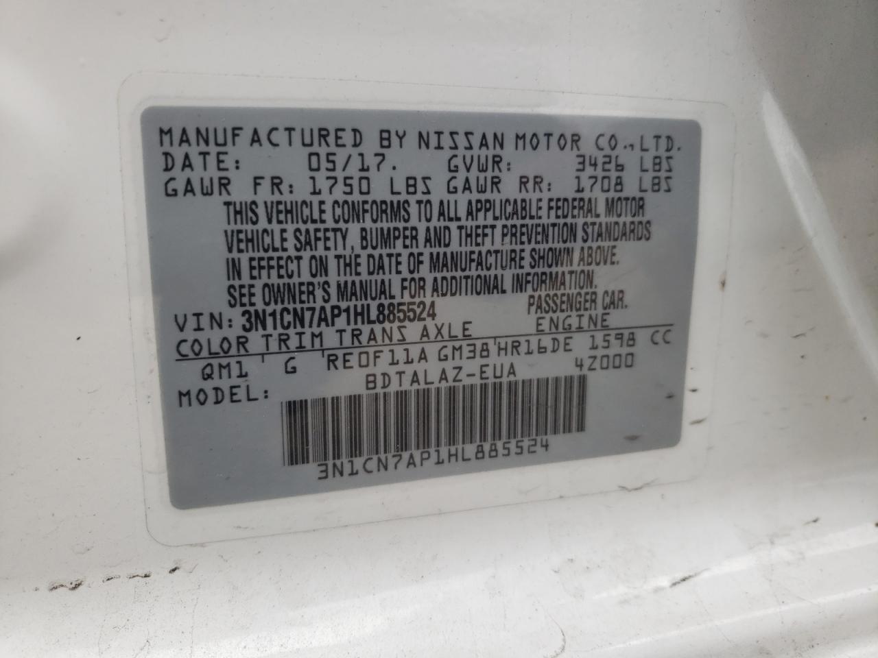 Photo 10 from auction – 2017 NISSAN VERSA S with VIN 3N1CN7AP1HL885524