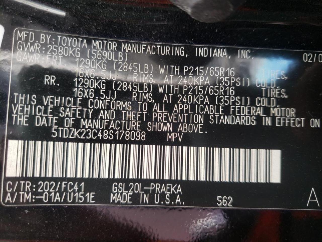 Photo 10 from auction – 2008 TOYOTA SIENNA CE with VIN 5TDZK23C48S178098