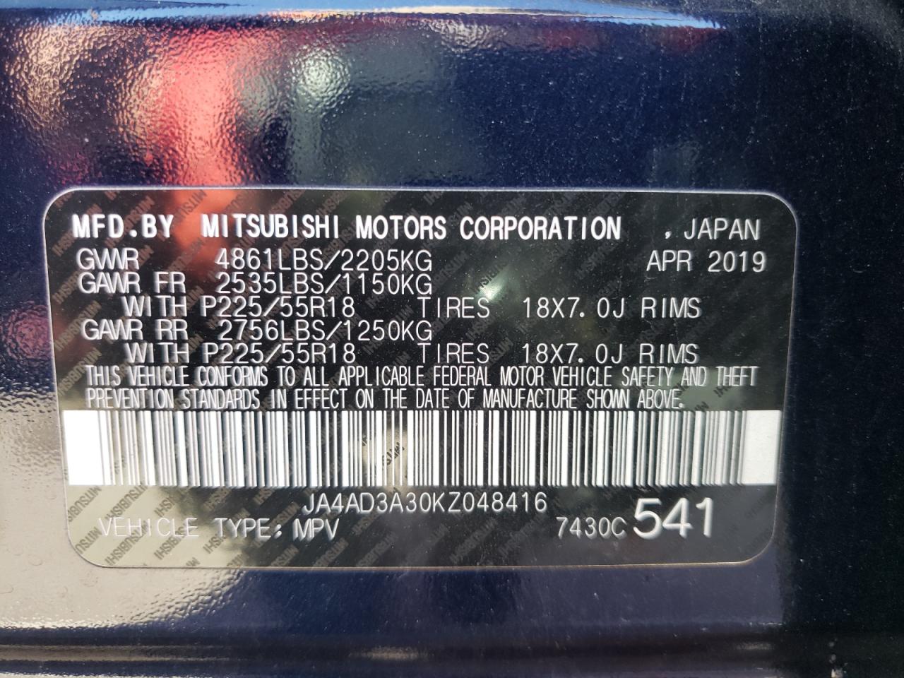 Photo 10 from auction – 2019 MITSUBISHI OUTLANDER with VIN JA4AD3A30KZ048416