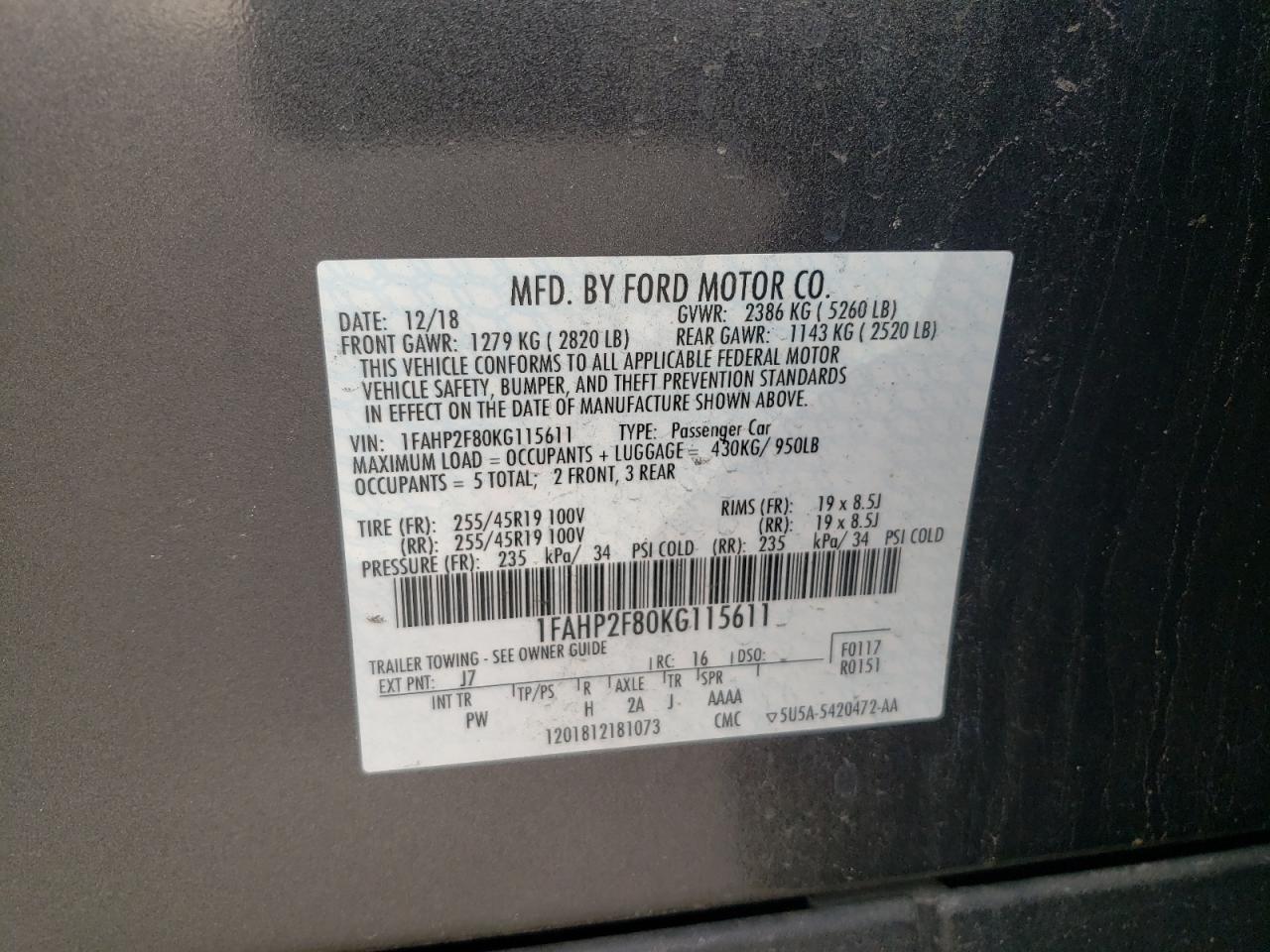 Photo 10 from auction – 2019 FORD TAURUS LIM with VIN 1FAHP2F80KG115611