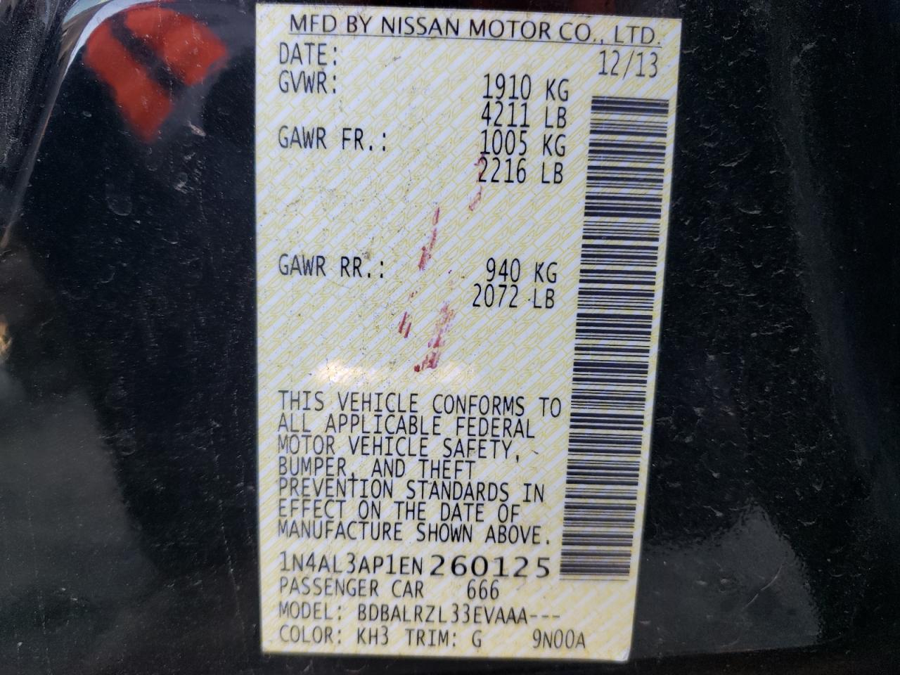 Photo 10 from auction – 2014 NISSAN ALTIMA 2.5 with VIN 1N4AL3AP1EN260125