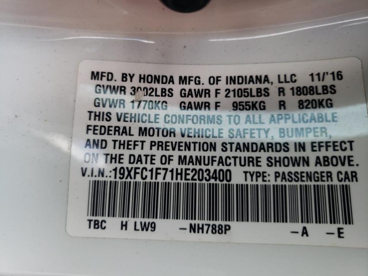 Photo 10 from auction – 2017 HONDA CIVIC EXL with VIN 19XFC1F71HE203400