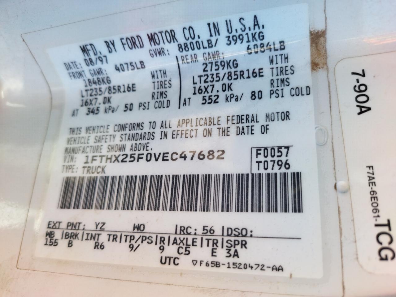 Photo 10 from auction – 1997 FORD F250 with VIN 1FTHX25F0VEC47682