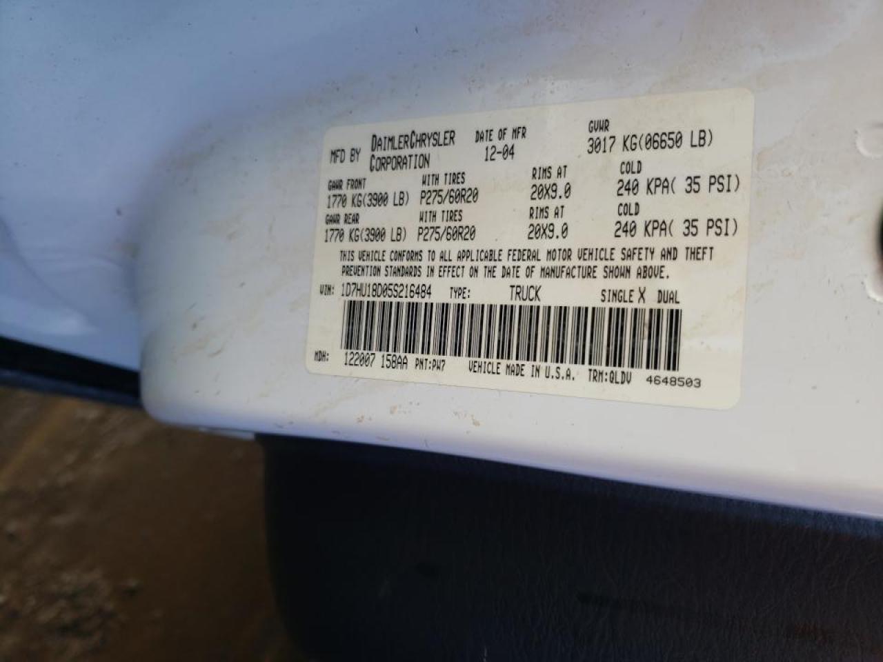 Photo 10 from auction – 2005 DODGE RAM 1500 S with VIN 1D7HU18D05S216484