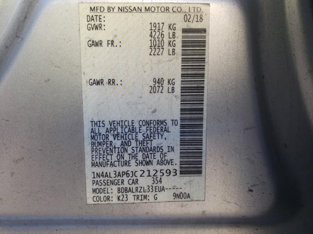Photo 10 from auction – 2018 NISSAN ALTIMA 2.5 with VIN 1N4AL3AP6JC212593