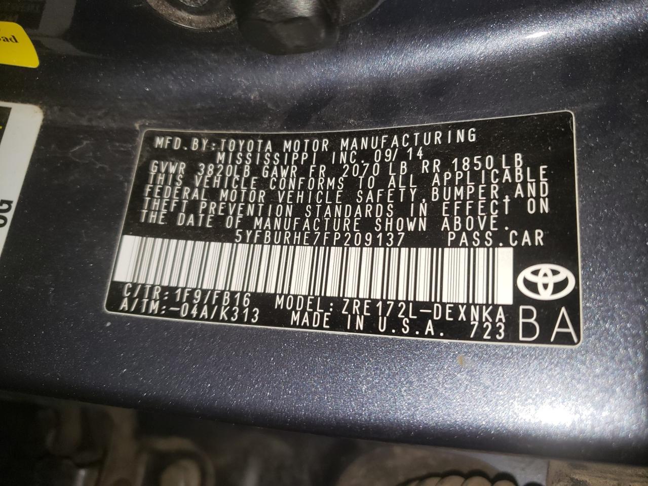 Photo 10 from auction – 2015 TOYOTA COROLLA L with VIN 5YFBURHE7FP209137