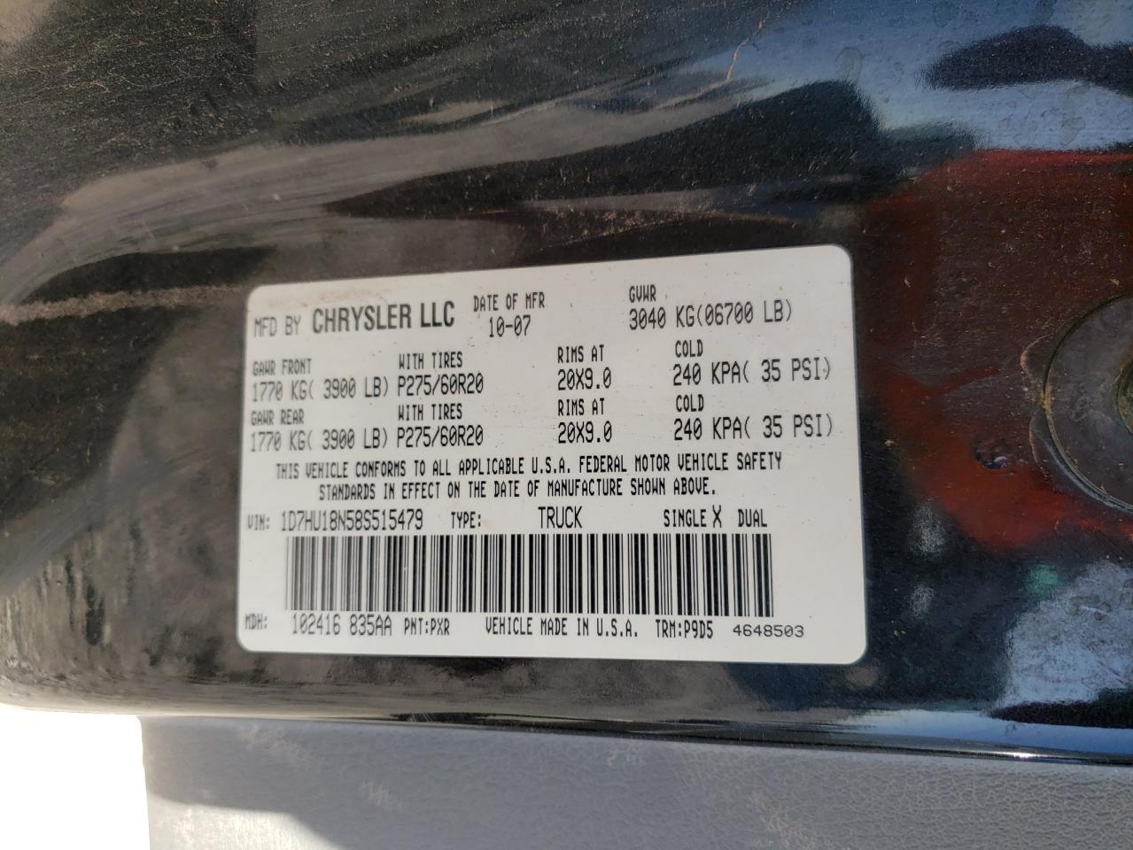 Photo 10 from auction – 2008 DODGE RAM 1500 S with VIN 1D7HU18N58S515479