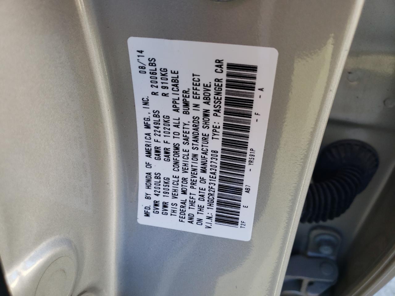 Photo 10 from auction – 2014 HONDA ACCORD LX with VIN 1HGCR2F31EA307308